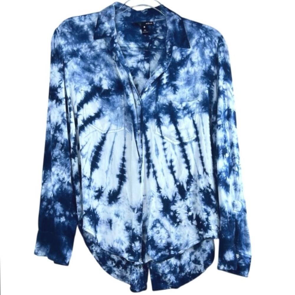 Aqua Blue Tie Dye Hi Lo Split Back Button Up Shirt Rayon Size M